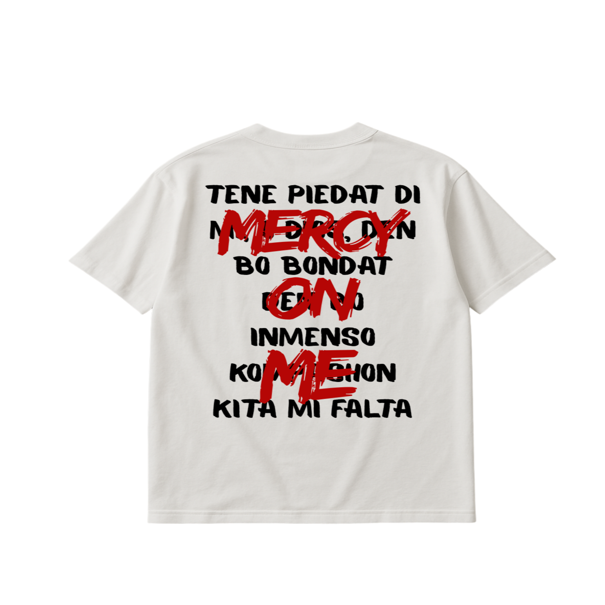 White t-shirt with black and red text on a white background