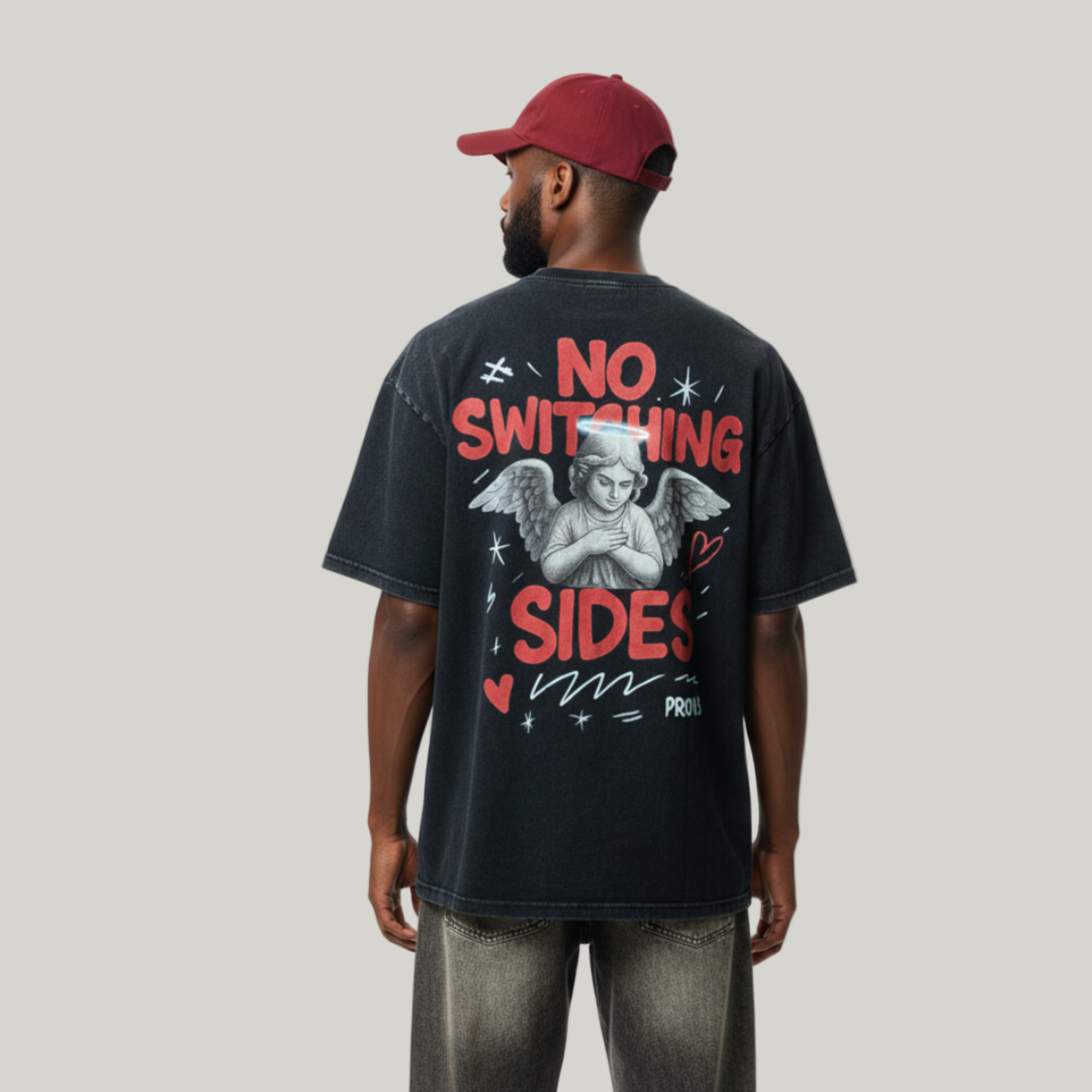 Person wearing a black t-shirt with 'No Switching Sides' graphic and text, standing against a white background.