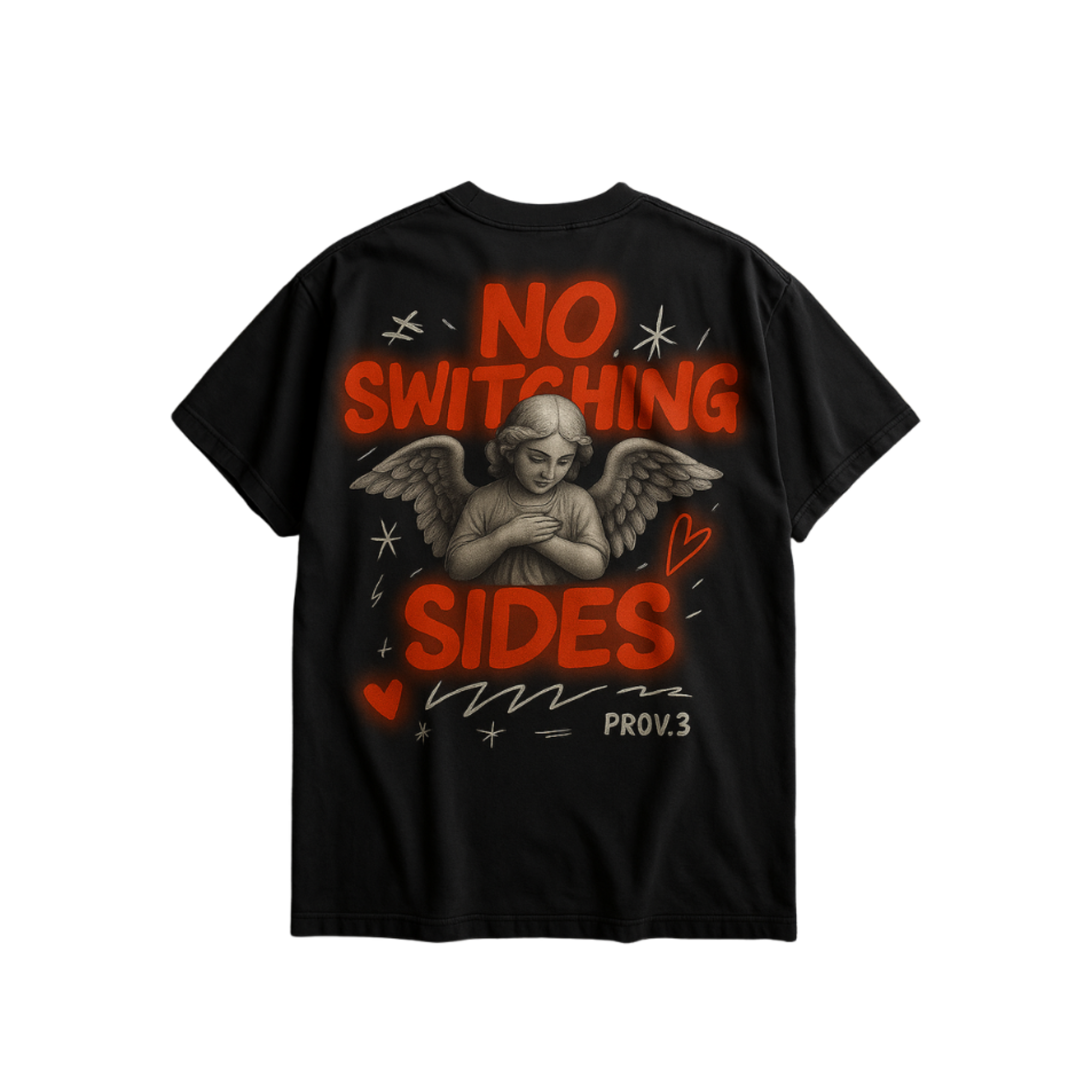Black t-shirt with red text and angel graphic on a white background