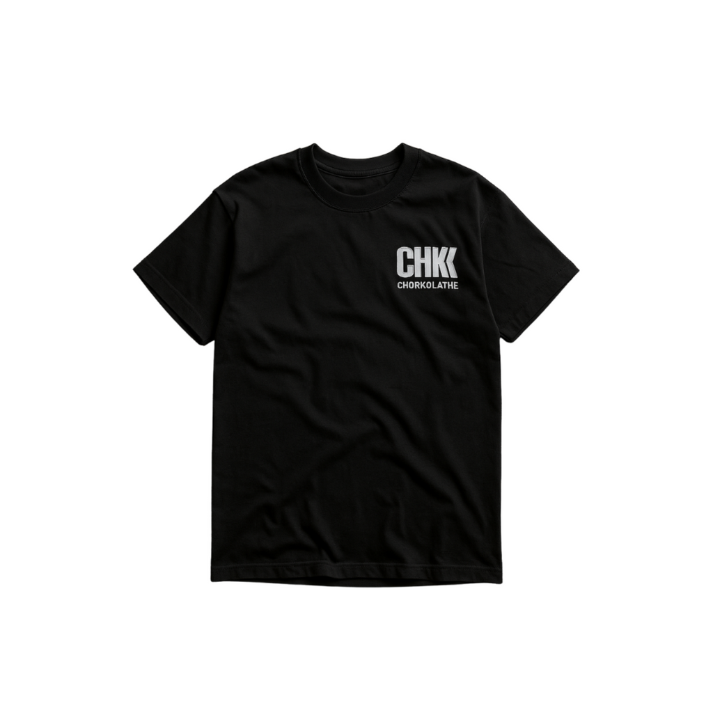 Black t-shirt with 'CHK' logo on a white background