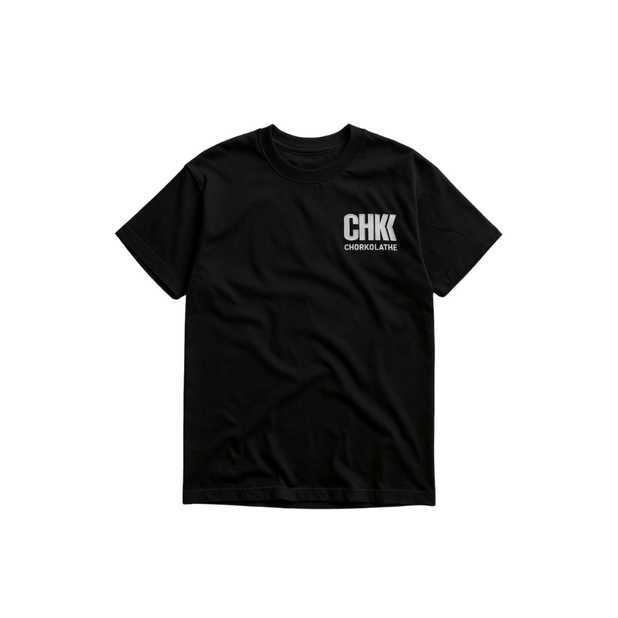 Black t-shirt with 'CHK' logo on a white background